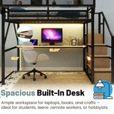 MoproBeti Queen Size Loft Bed with Stairs and Desk, Metal Lofts Bed Queen with Upper Storage Shelf, Gaming LoftBed with LED, Charging Station and Wardrobe for Teens, Adults,Black MoproBeti