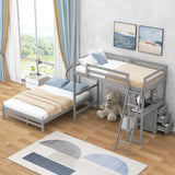 Merax Twin Over Full Bunk Bed with Ladder & Guardrails, Solid Wood Bunk Beds Frame with Built-in Desk and 3 Drawers, Split into Twin Size Loft Bed & Full Size Platform Bed, No Box Spring Needed, Gray Merax