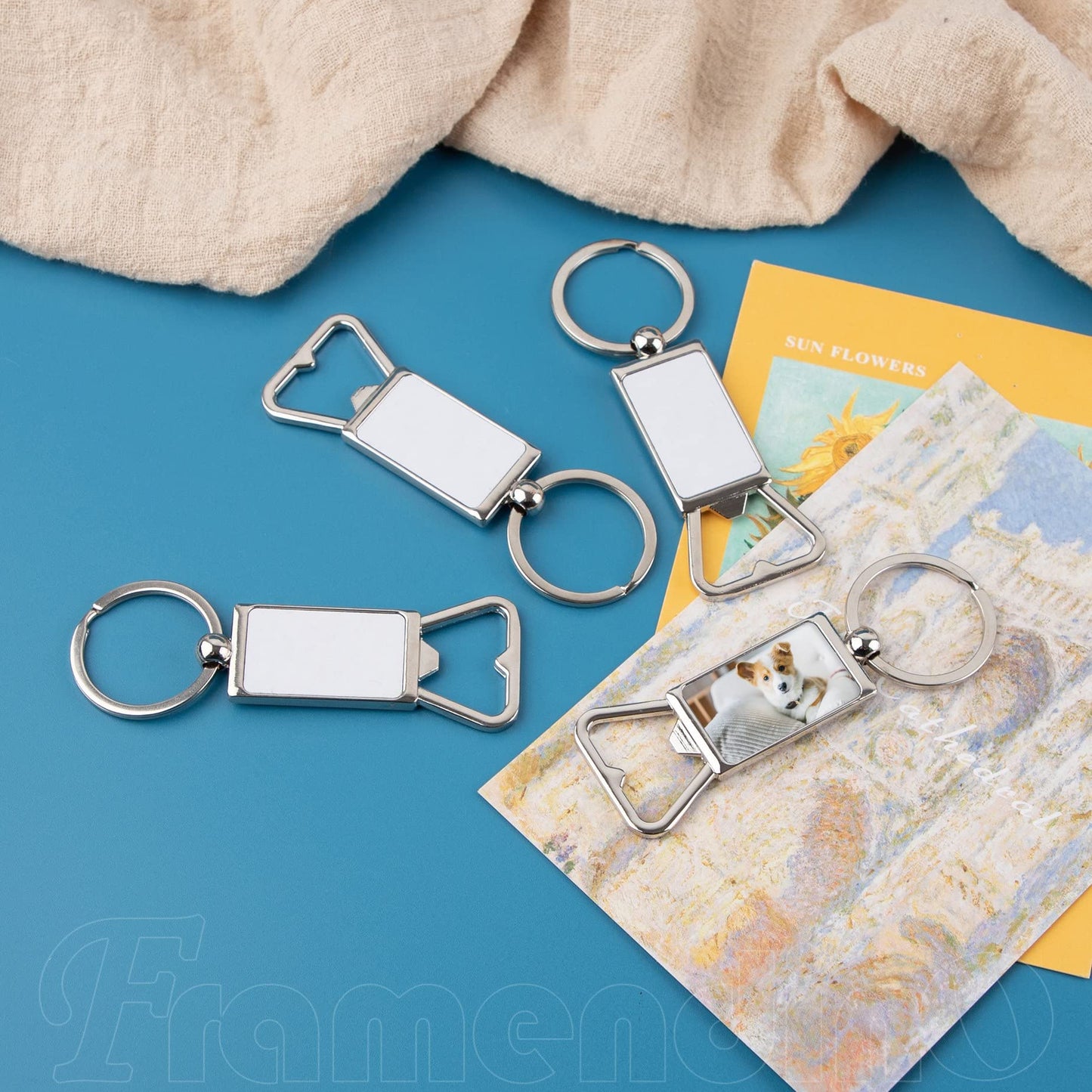 Framendino, 10 Pack Sublimation Blanks Keychains Metal Bottle Opener Transfer Sublimation Key Rings