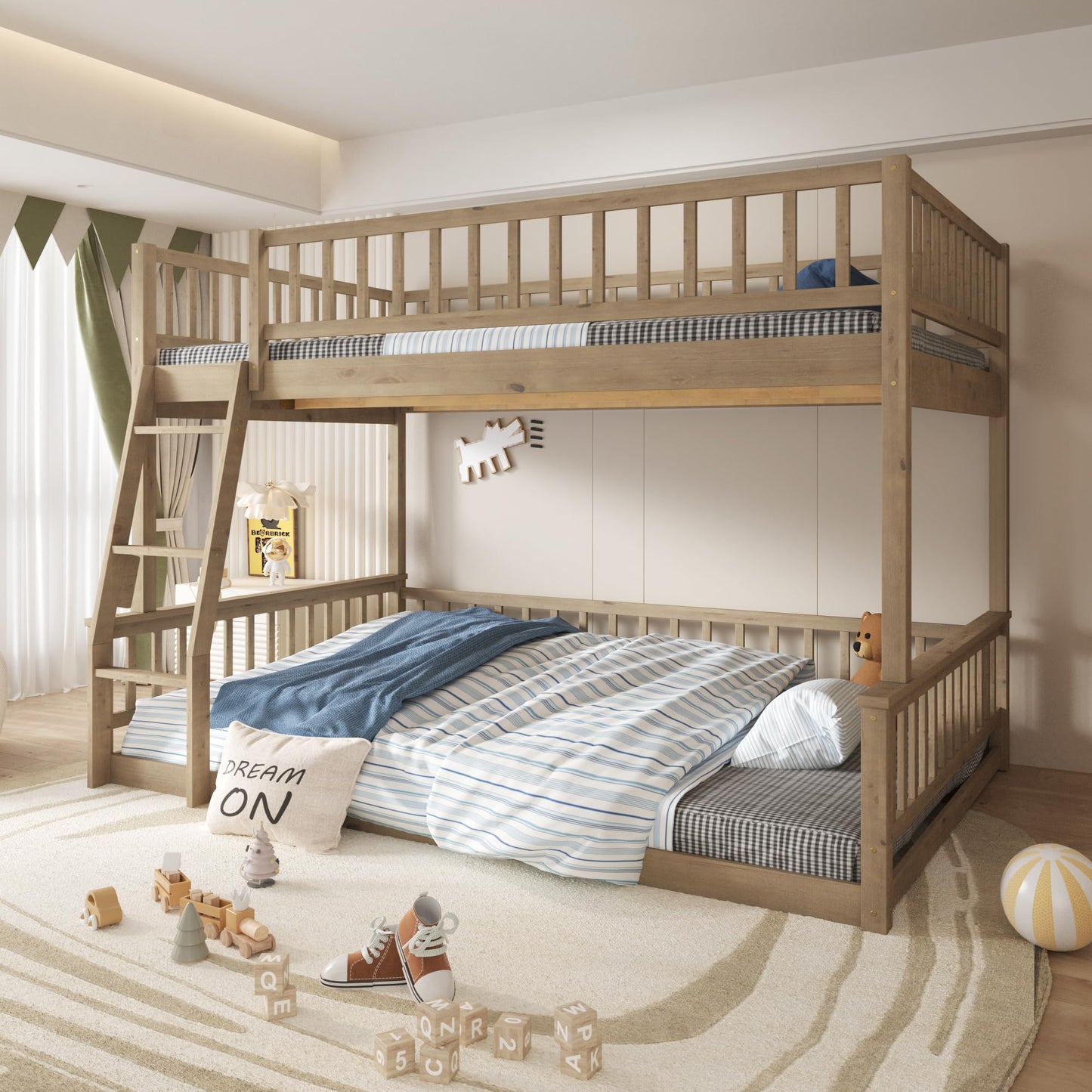 KLMM Walnut Finish Wood Full XL Over Queen Bunk Bed with Ladder and Guardrails - WoodArtSupply