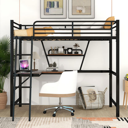 Twin Size Loft Bed with Desk and Storage Shelf, Heavy Duty Loft Bed Twin Size, Twin Loft Bed with Guardrail, Twin Loft Bed for Kids, Teens, Twin Size Loft Bed Black