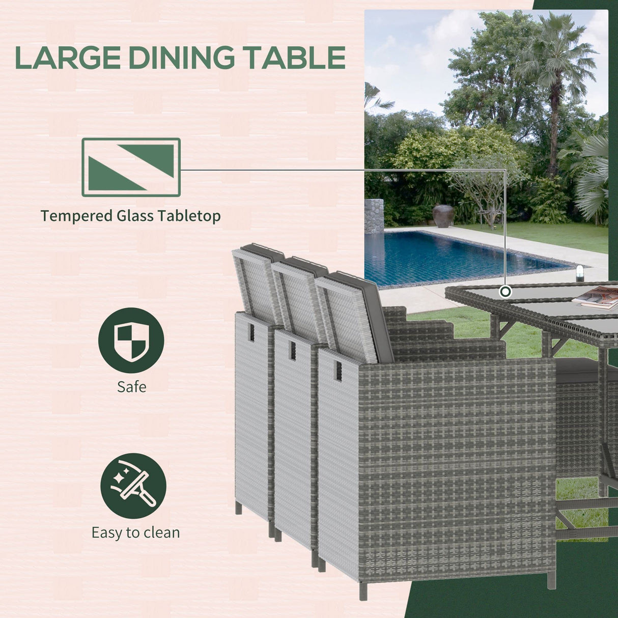 Outsunny 11 Pieces Outdoor Dining Set for 10, Space Saving Wicker Chairs and Glass Table with Cushions and Ottomans, Rattan Conversation Patio Furniture Set for Garden Backyard Deck, Dark Gray Outsunny