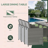 Outsunny 11 Pieces Outdoor Dining Set for 10, Space Saving Wicker Chairs and Glass Table with Cushions and Ottomans, Rattan Conversation Patio Furniture Set for Garden Backyard Deck, Dark Gray Outsunny