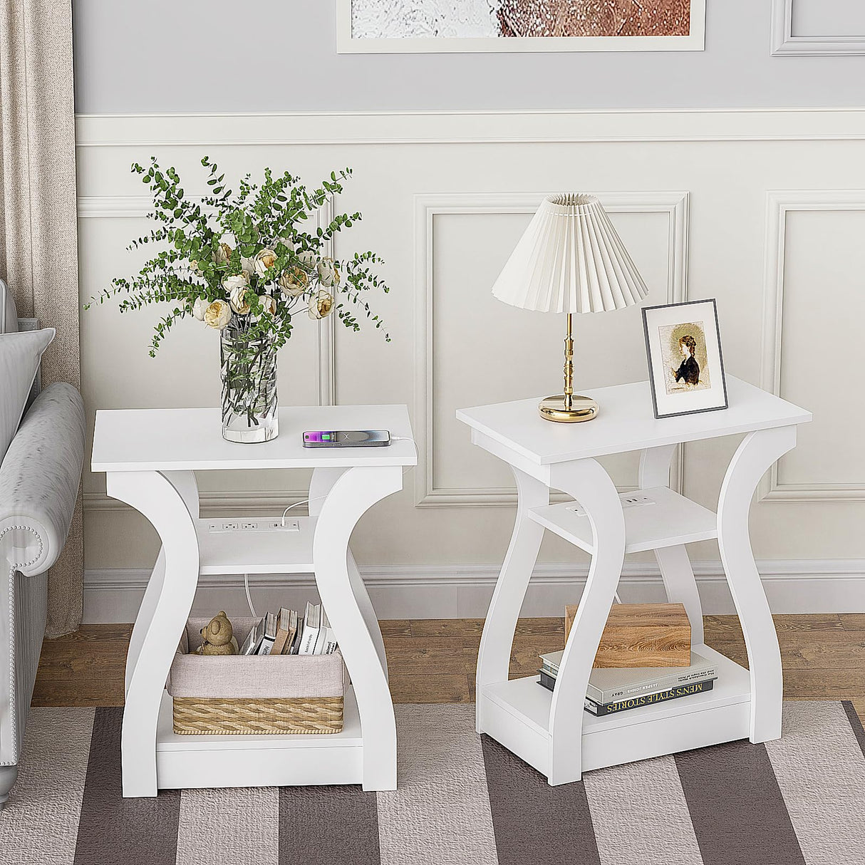 FROMJBEST End Tables Living Room Set of 2,End White Table with Charging Station, Side Table, Nightstand for Bedroom, 3 Tier End Table with Storage Shelf for Living Room White FROMJBEST