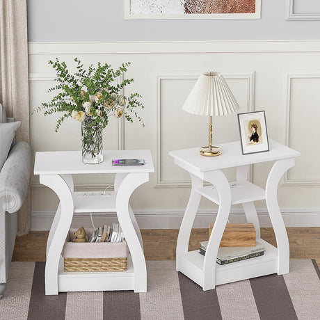 FROMJBEST End Tables Living Room Set of 2,End White Table with Charging Station, Side Table, Nightstand for Bedroom, 3 Tier End Table with Storage Shelf for Living Room White FROMJBEST
