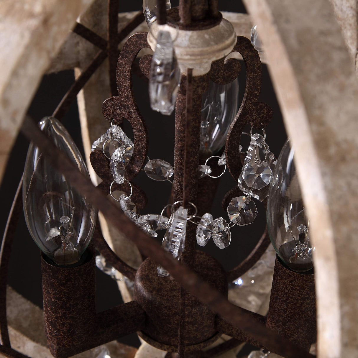 KunMai Rustic Retro Weathered Wooden Globe Metal Orb Crystal 3-Light Chandelier Candle Style Pendant Light for Kitchen Island Entry Area Living Room (Small) KunMai