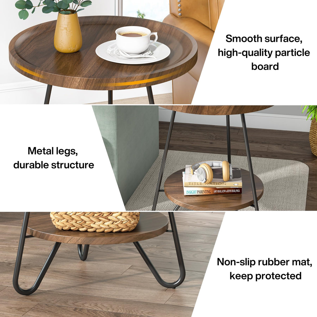 Tribesigns Set of 2 Round Side Table, 2-Tier End Table with Metal Legs, Modern Industrial Beside Table, Small Accent Table Snack Table for Living Room, Bedroom, Small Space, Brown Tribesigns