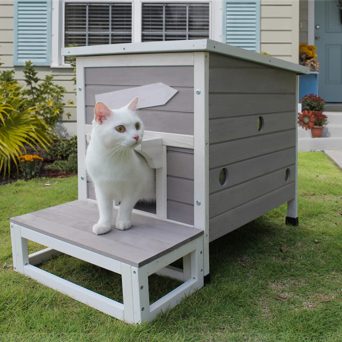 Rockever Outdoor Cat House, Large Outdoor Houses for Feral Cats Wooden Outside Cat Shelter Weatherproof with Escape Door - WoodArtSupply