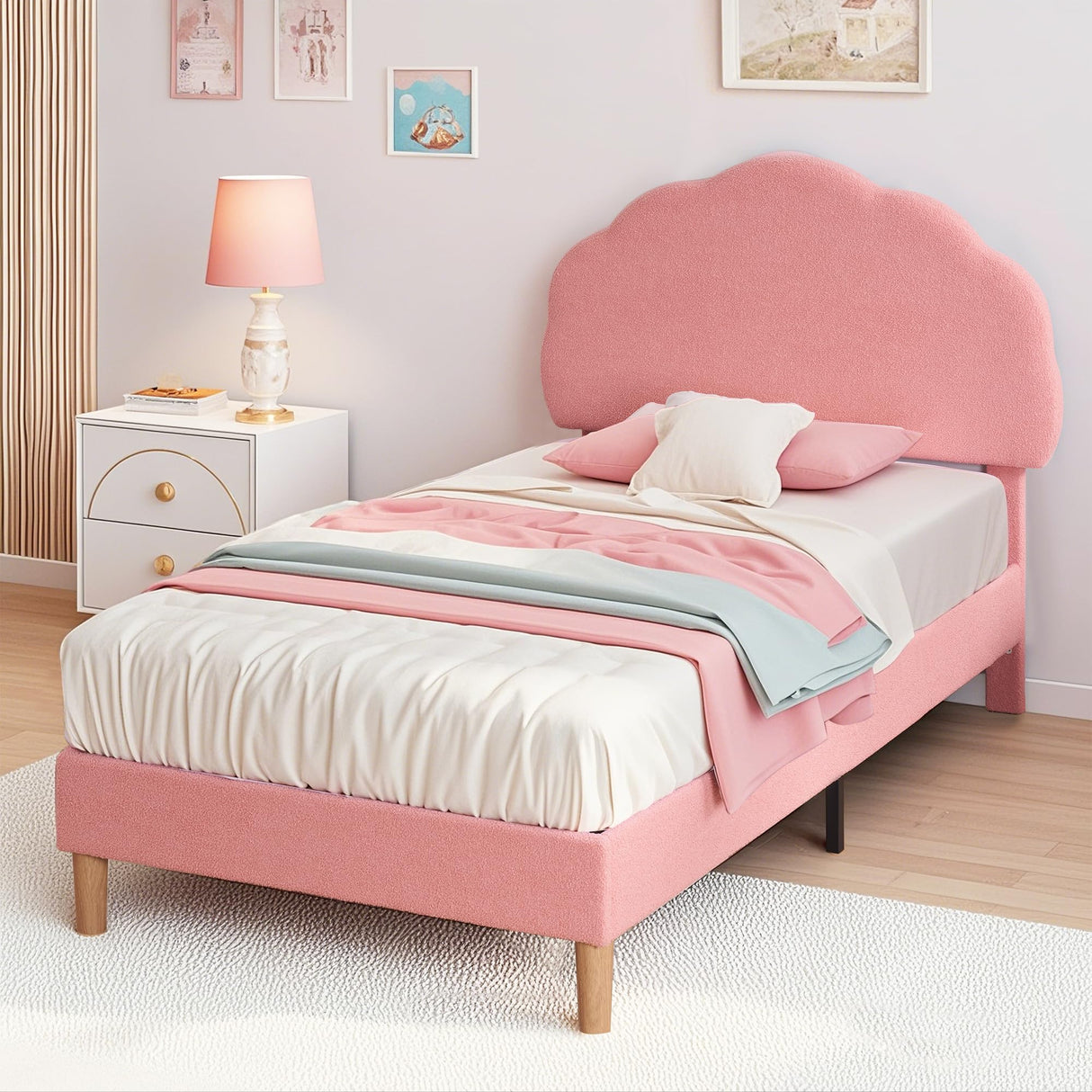 VECELO Twin Size Bed Frame, Upholstered Platform Bedframe with Height Adjustable Plush Fabric Headboard, Strong Wood Slat Supports, No Box Spring Needed, Pink VECELO