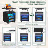 HNEBC Nightstand with Wireless Charging Station, LED Nightstand Has Adjustable Rotary Workstation,Smart Night Stand with 2 Drawers,Modern Bedside Table for Bedroom, Sensor Light/Wheel (Black) HNEBC