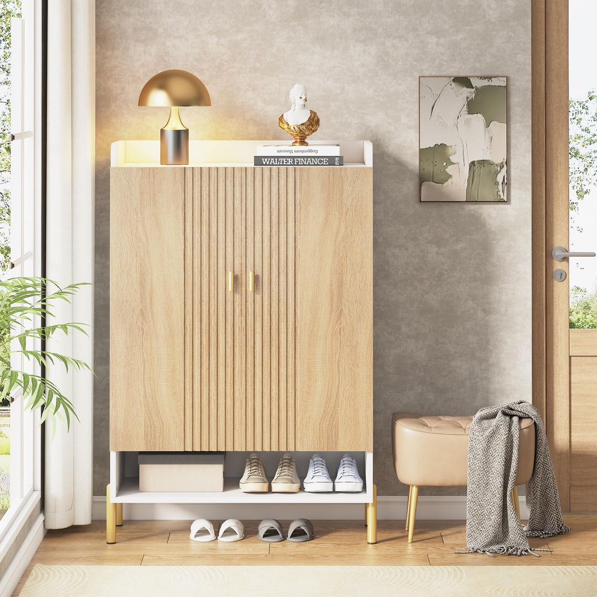 Tribesigns Shoe Cabinet Storage Entryway: 6-Tier Shoe Organizer Cabinet with Adjustable Shelves, Freestanding Wood Shoe Rack with Doors for Entryway, Hallway, Living Room, White & Wood Tribesigns