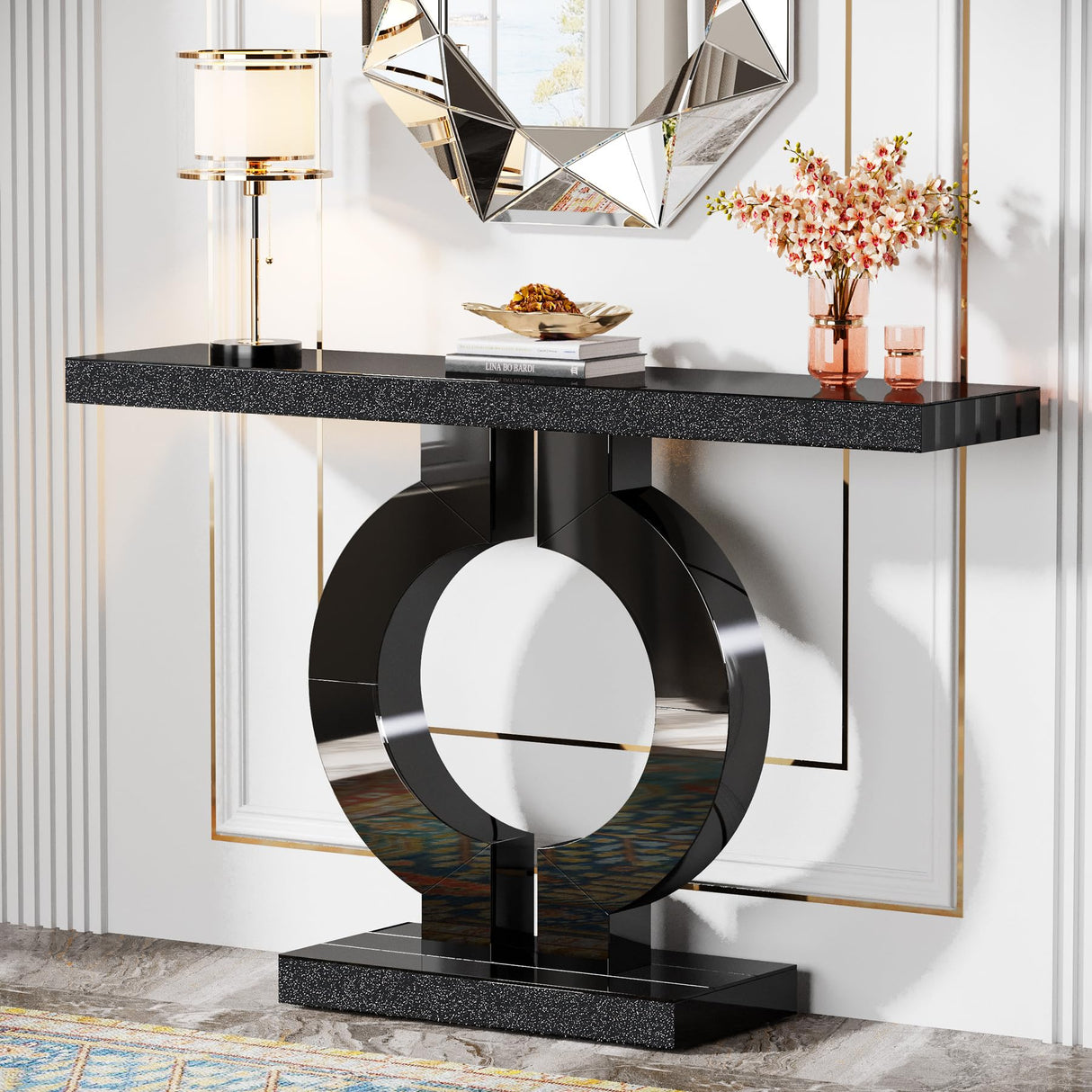 Tribesigns Modern Mirrored Console Table, Glass Sofa Table with Mirror Finish, 43-Inch Entryway Table with O-Shaped Base, Rectangular Accent Foyer Table for Living Room Hallway Entrance (Black) Tribesigns
