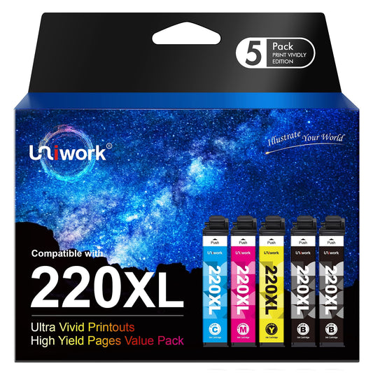 Uniwork T220 220XL Ink Cartridge, Remanufactured 220XL Ink Cartridge Replacement for Epson 220 XL 220XL T220XL use for Workforce WF-2750 WF-2760 WF-2630 WF-2650 WF-2660 XP-320 XP-420 Printer (5 Pack)