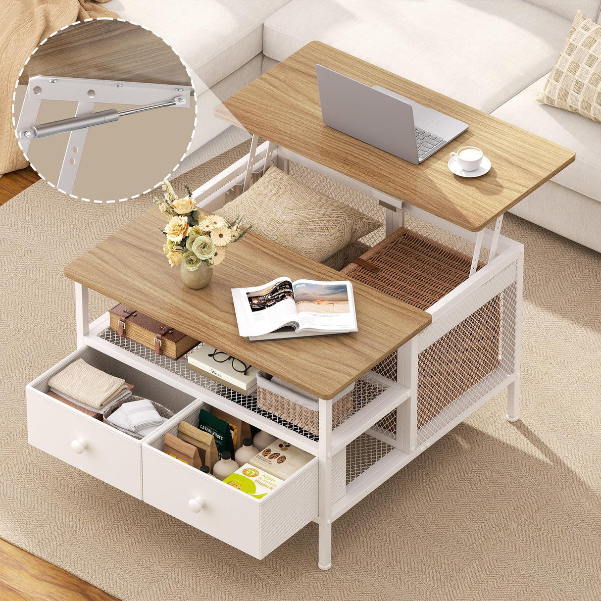 FABATO Lift Top Coffee Table, Square Coffee Table Metal Wood, Farmhouse Lift Up Coffee Table Cocktail Table with Wire Mesh Barn Door and Storage, Steel Frame, Small Tea Table for Living Room, White FABATO