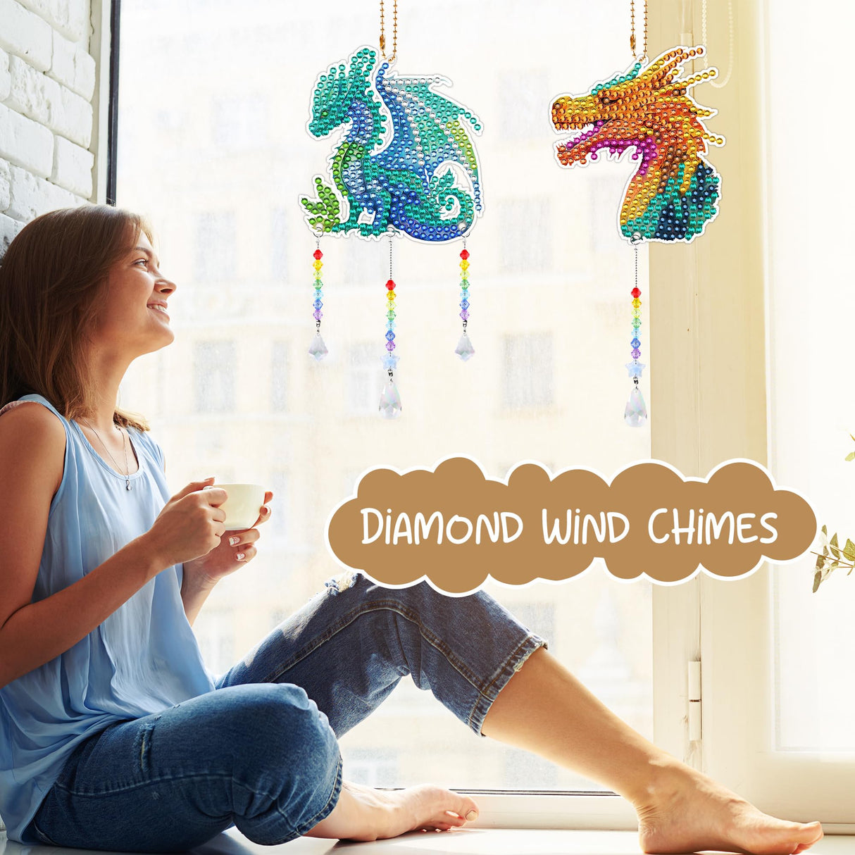 Sitsink Dragon Diamond Painting Wind Chimes - 6 Pcs Art Kits for Adults, Legend Animal Suncatchers Sitsink