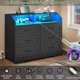Hasuit Black Dresser for Bedroom with LED Lights and Charging Station, Modern Wood 6 Drawers Storage Tower Clothes Organizer, Large Capacity Chest of Drawers Storage Cabinet for Bedroom, Living Room Hasuit