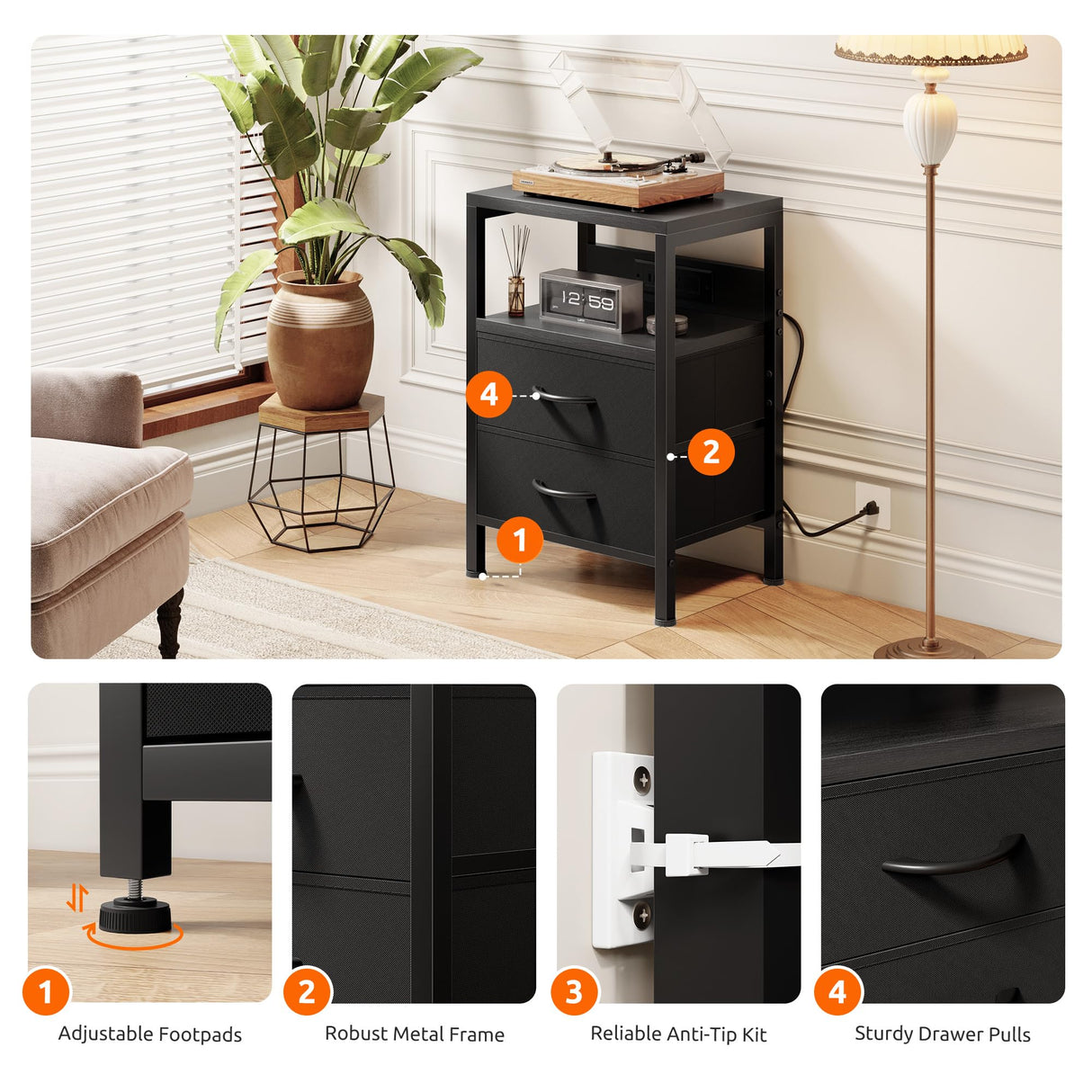 NightStand Bedside Charging Table Bedroom - Night Stand with Charger Station, Modern Nightstand with Open Shelf & 2 Fabric Drawers, Bed Side Table with USB-C USB Ports & AC Outlets for Dorm, Black Lazzanto