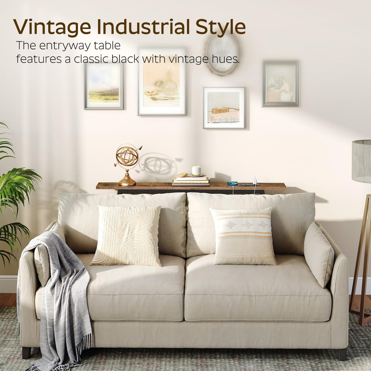 YATINEY 70.9" Console Table with Power Outlets, Sofa Tables Narrow Long, Industrial Behind Couch Table, for Hallway, Entryway, Living Room, Rustic Brown and Black CT185UBR YATINEY