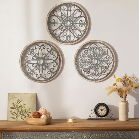 Walasis Wall Decor Rustic Farmhouse Wood - Distressed Metal Wall Art for Living Room 11.8in Flower Boho Wall Decorations Outdoor Medallion Hanging Decor for Bedroom Office Bathroom Kitchen Walasis