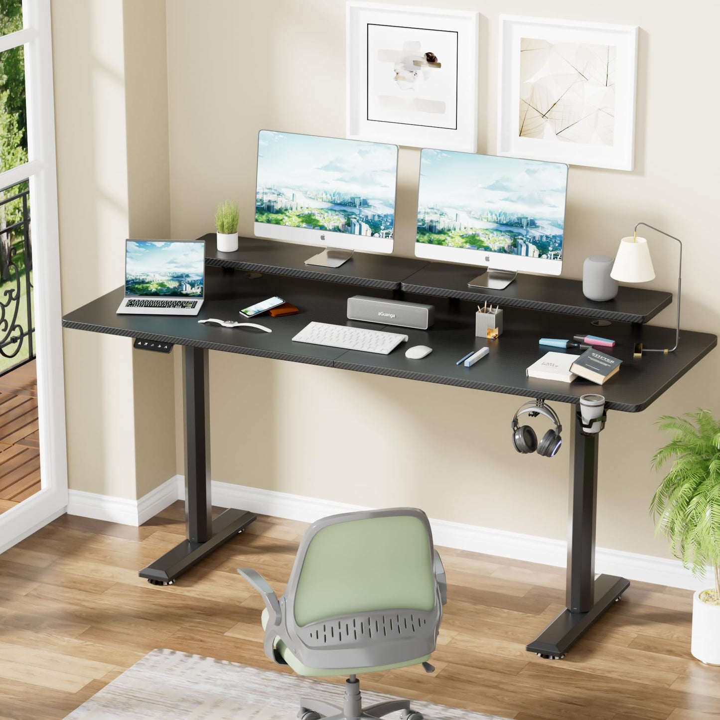 JUMMICO Electric Standing Desk, Adjustable Height Desk 63 x 27 Inch with Monitor Stand, Home Office Computer Desk (Black) - WoodArtSupply