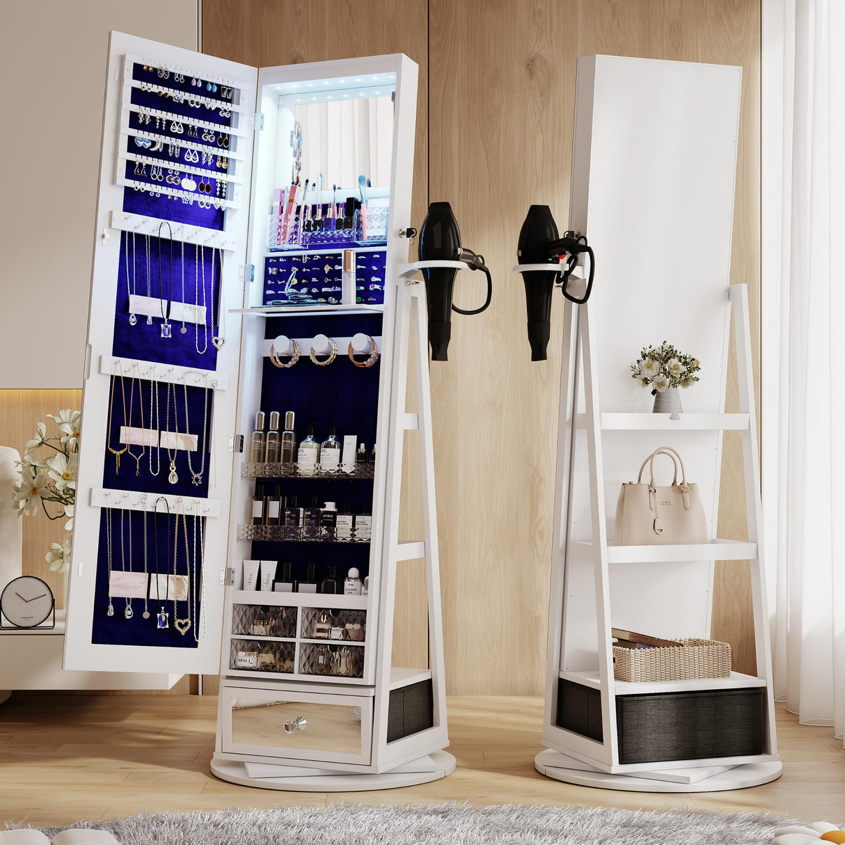 HWB Full-Length Mirror with Jewelry Storage: 360° Swivel Standing Jewelry Cabinet with Lights - Rotatable Standing Jewelry Armoire Organizer with Foldable Makeup Shelf White HWB