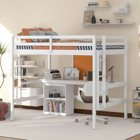 Merax Full Size Wooden Loft Bed with Desk, Storage Cabinet, Writing Board & Dual Ladders - Space-Saving Design for Teens and Adults Merax