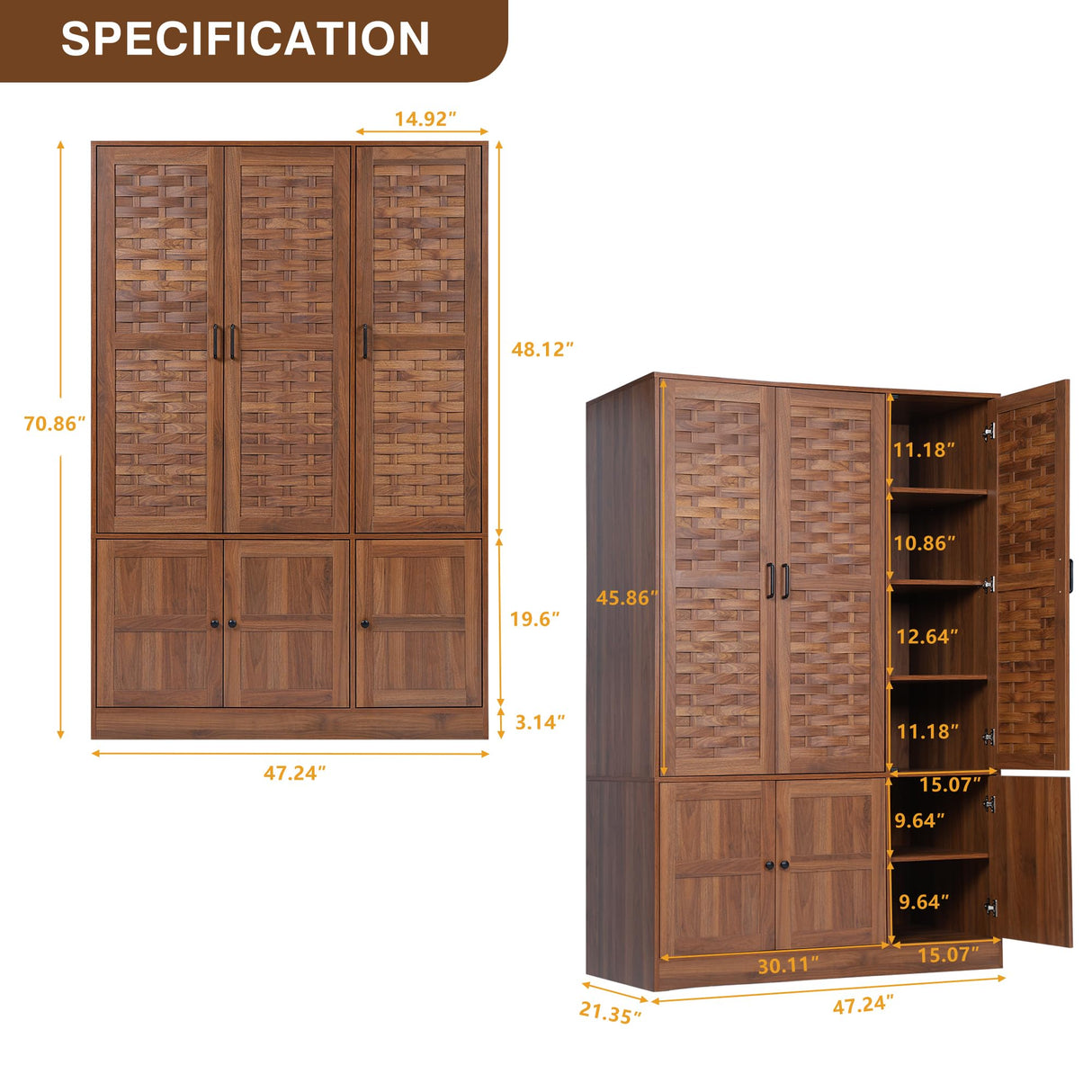 LEVNARY Wardrobe Closet with 6 Woven Doors, Walnut Armoire Wardrobe Cabinet for High Storage Capacity with Adjustable Shelves and Hanging Rail, Freestanding Tall Bedroom Closet (Walnut) LEVNARY