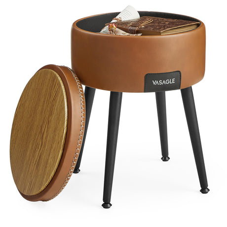 VASAGLE EKHO Collection - Storage Ottoman, Vanity Chair Stool, Synthetic Leather with Stitching, Mid-Century Modern, Round Storage Seat with Steel Legs, Loads 330 lb, Caramel Brown ULOM005K01 VASAGLE