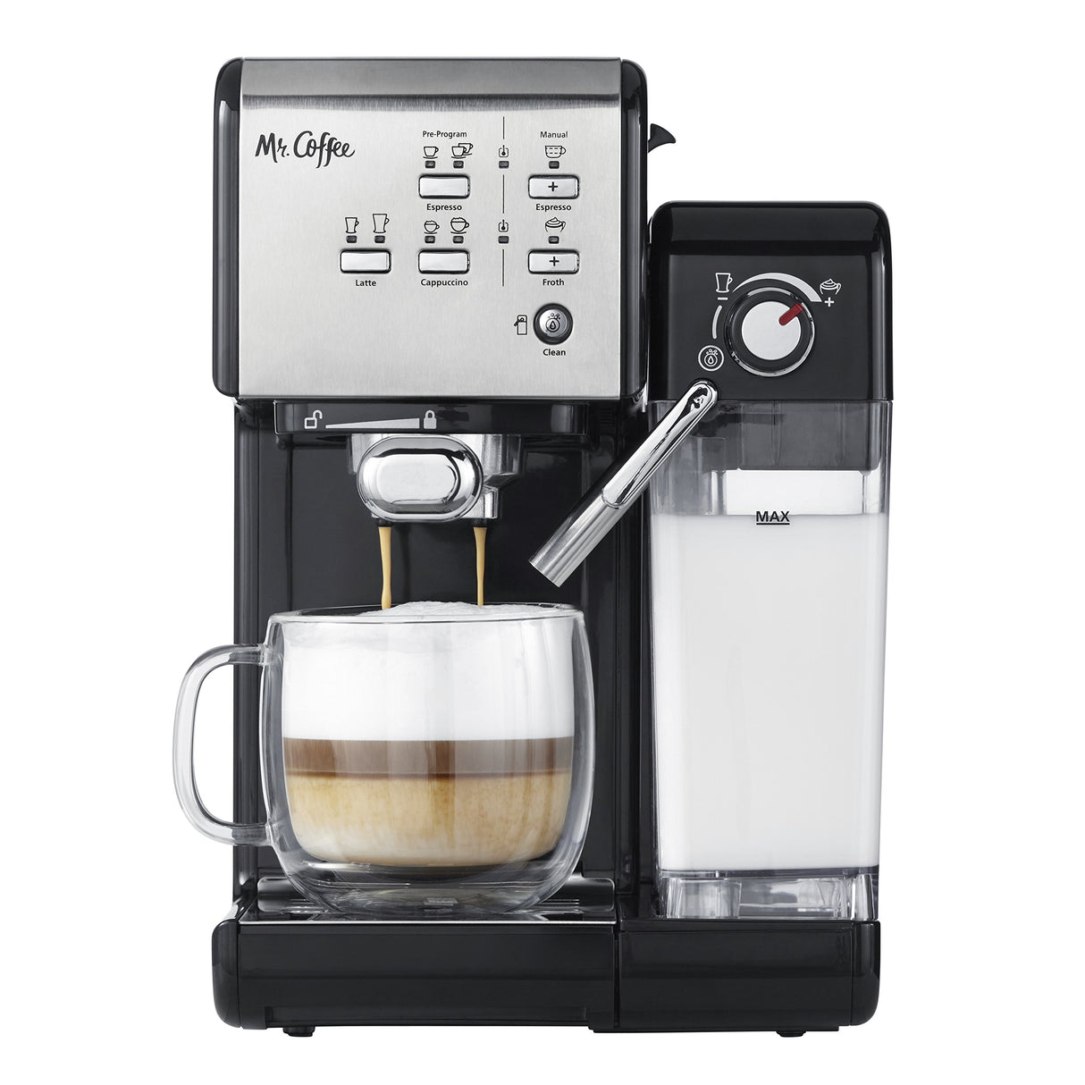 Mr. Coffee Programmable Espresso & Cappuccino Machine with Automatic Milk Frother & 19-Bar Pump, Stainless Steel Mr. Coffee