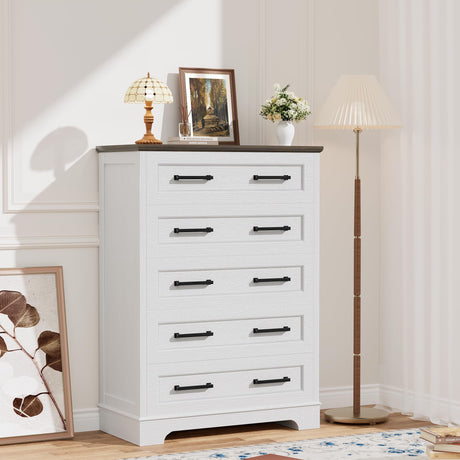 YESHOMY Tall Dresser for Bedroom,Farmhouse 5 Drawers Dresser, Chest of Drawer Chest, Multi-Tier Clothing Storage Cabinet, White and Brown YESHOMY