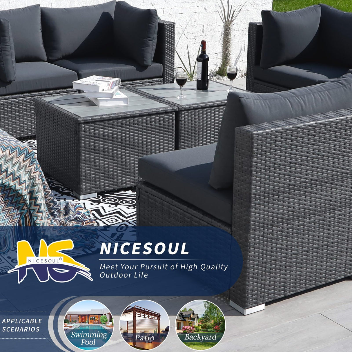 NICESOUL® 11 Piece Large Size PE Rattan Outdoor Patio Furniture Sectional Sofa Sets with Side Tables Outdoor Wicker Conversation Sets Modern Luxury 29.3'' High Back Dark Gray NICESOUL