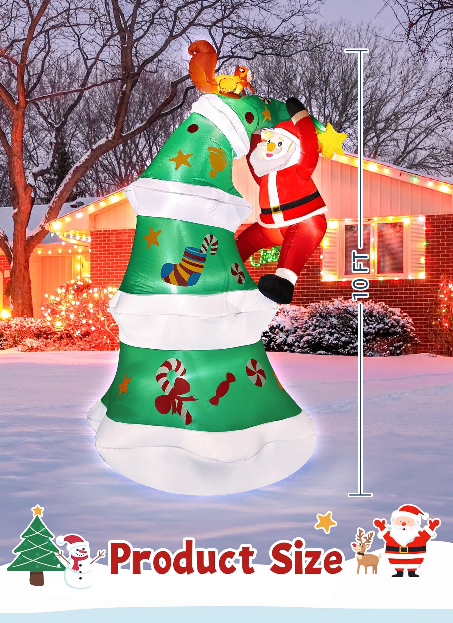 Minetom 10FT Inflatable Christmas Tree, Christmas Inflatable Outdoor Decoration with Build-in LEDs, Large Lighted Outdoor Blow Up Tree with Santa Squirrel Decor for Xmas Party Outside Yard Garden Lawn