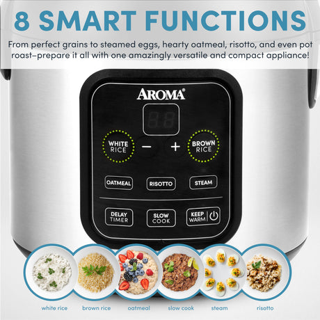 Aroma Housewares ARC-994SB Rice & Grain Cooker Slow Cook, Steam, Oatmeal, Risotto, 8-cup cooked/4-cup uncooked/2Qt, Stainless Steel AROMA