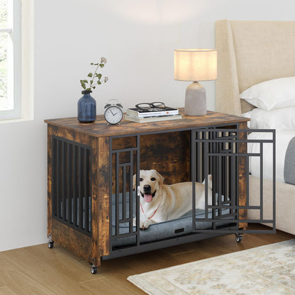 YITAHOME 38" Dog Crate Furniture with Wheels, Heavy Duty Wood Dog Cage Table with Removable Tray, Chew-Resistant Wooden Dog Kennel Indoor for Large and Medium Dogs Rustic Brown - WoodArtSupply