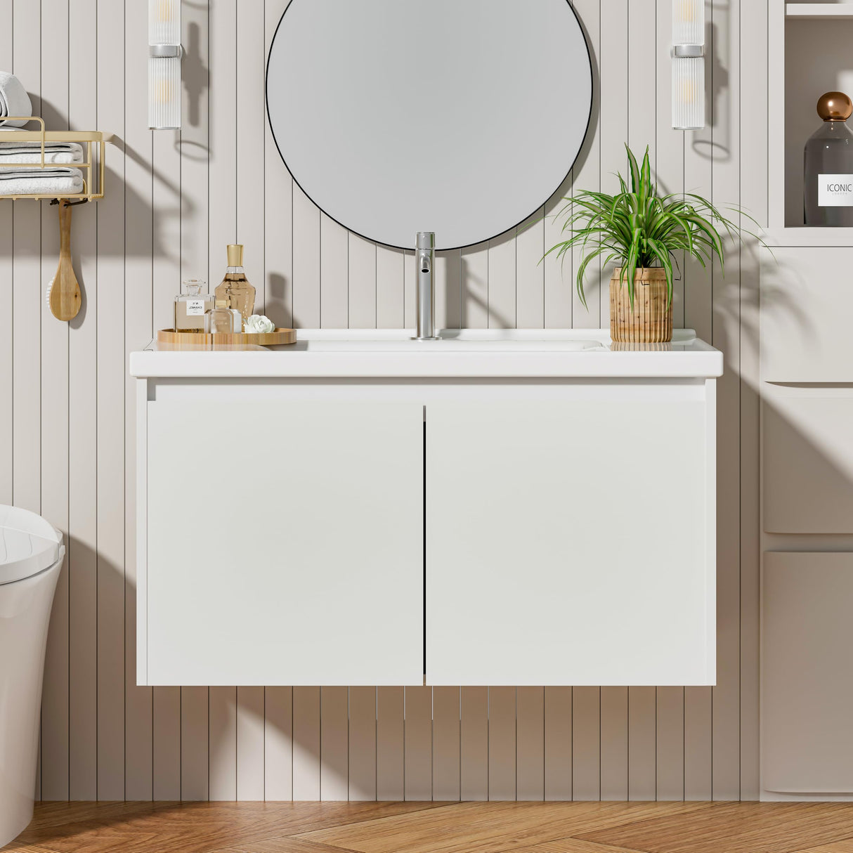 OLD CAPTAIN 36" Bathroom Vanity with Ceramic Sink, Floating Bathroom Vanity with Sink and Cabinet, Wall Mounted Bathroom Sink Cabinet with Storage and Two Doors, White OLD CAPTAIN