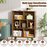 Vongrasig 7 Cube Bookshelf, 3 Tier Mid-Century Modern Bookcase with Legs, Wooden Bookshelf Storage Organizer Display Bookcase for Bedroom, Living Room, Office, Rustic Brown Vongrasig