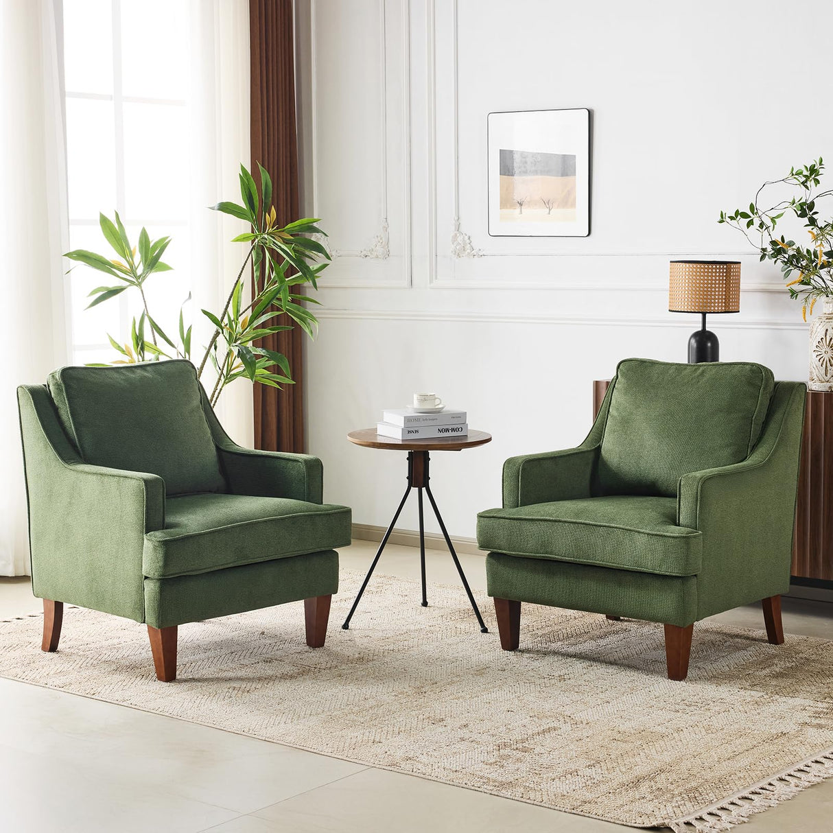 VINGLI Mid-Century Accent Chairs Set of 2, Green Upholstered Armchair Comfy Sofa Chairs Reading Chair High Back Living Room Bedroom Furniture for Apartment VINGLI