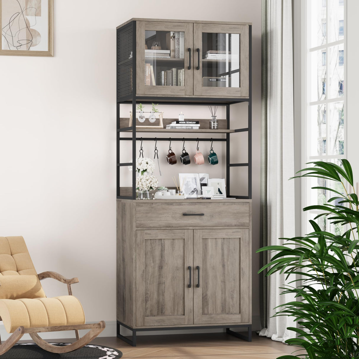 BOTLOG Hutch Cabinet with Storage, 71" H Kitchen Pantry Storage Cabinet with Microwave Stand, Hooks, Drawers for Home Bar, Kitchen, Dining Room, Industrial BOTLOG