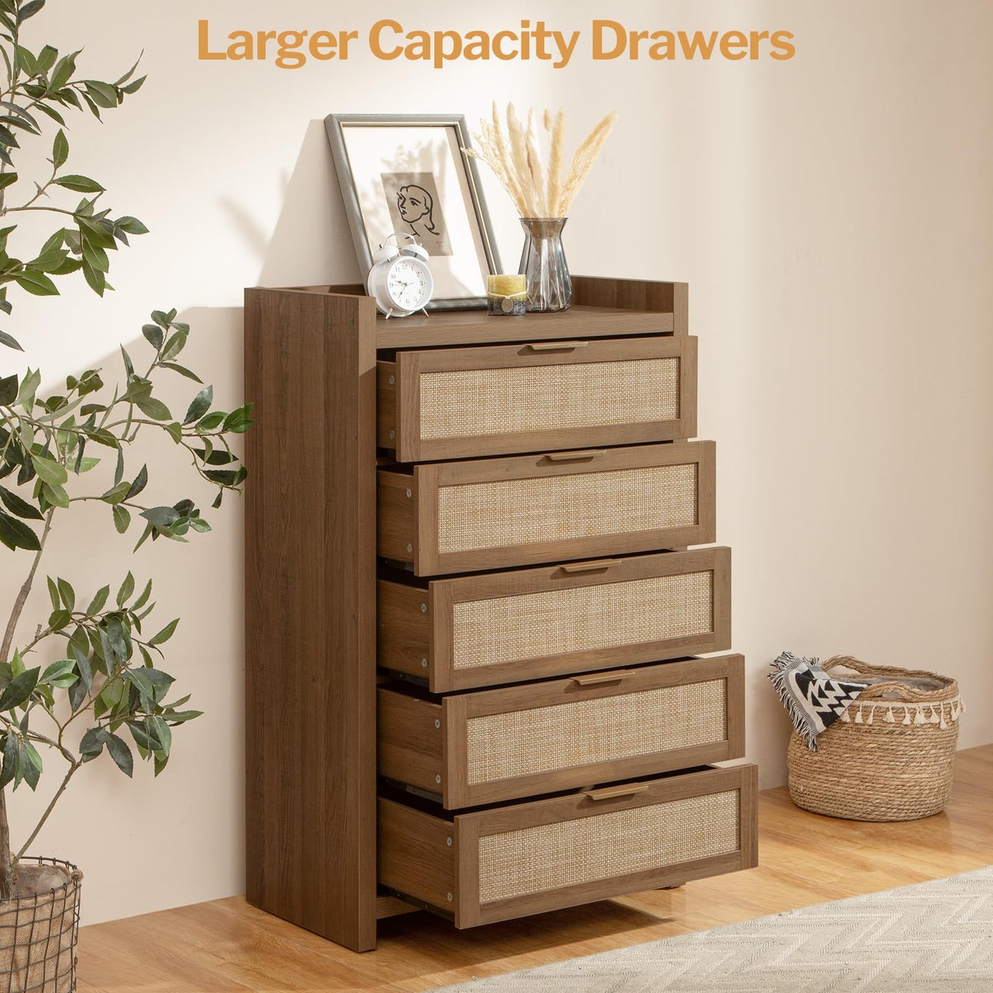 SICOTAS Dresser for Bedroom Chest of Drawers Tall Dresser with 5 Rattan Drawers Wood Dresser for Closet Boho Clothes Storage Tower Large Nightstand Sets for Living Room Hallway Nursery Entryw - WoodArtSupply