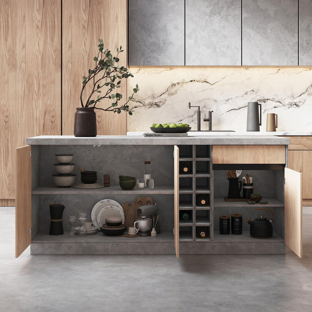 homary 72'' Kitchen Island with Storage Japandi Style Wood Kitchen Islands with Seating and LED Light in Gray homary