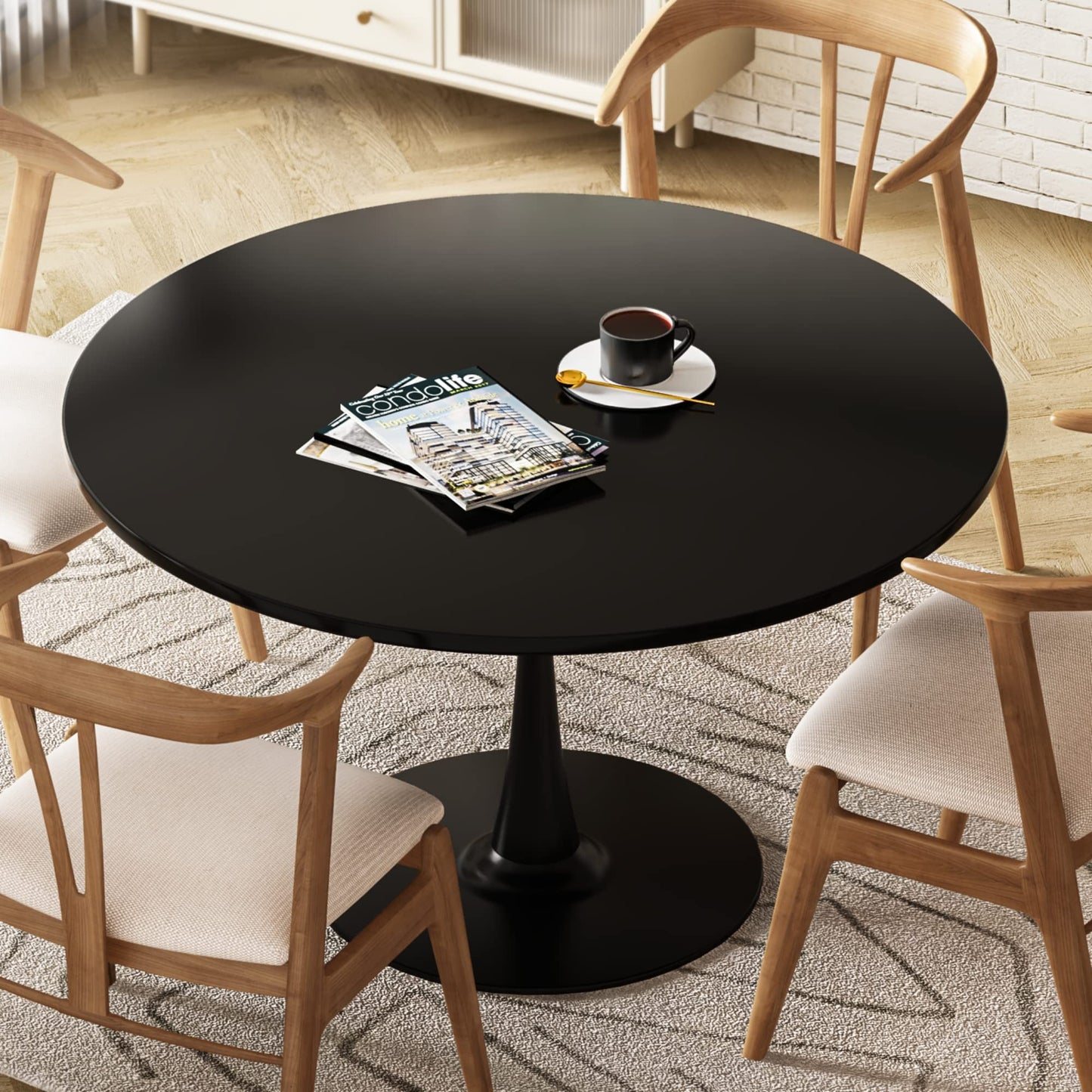 DKLGG Black Round Dining Table, 42.1" Tulip Table Kitchen Dining Table 4-6 People with MDF Table Top & Pedestal Base, Mid-Century End Table Leisure Coffee Table Office Living Room Table