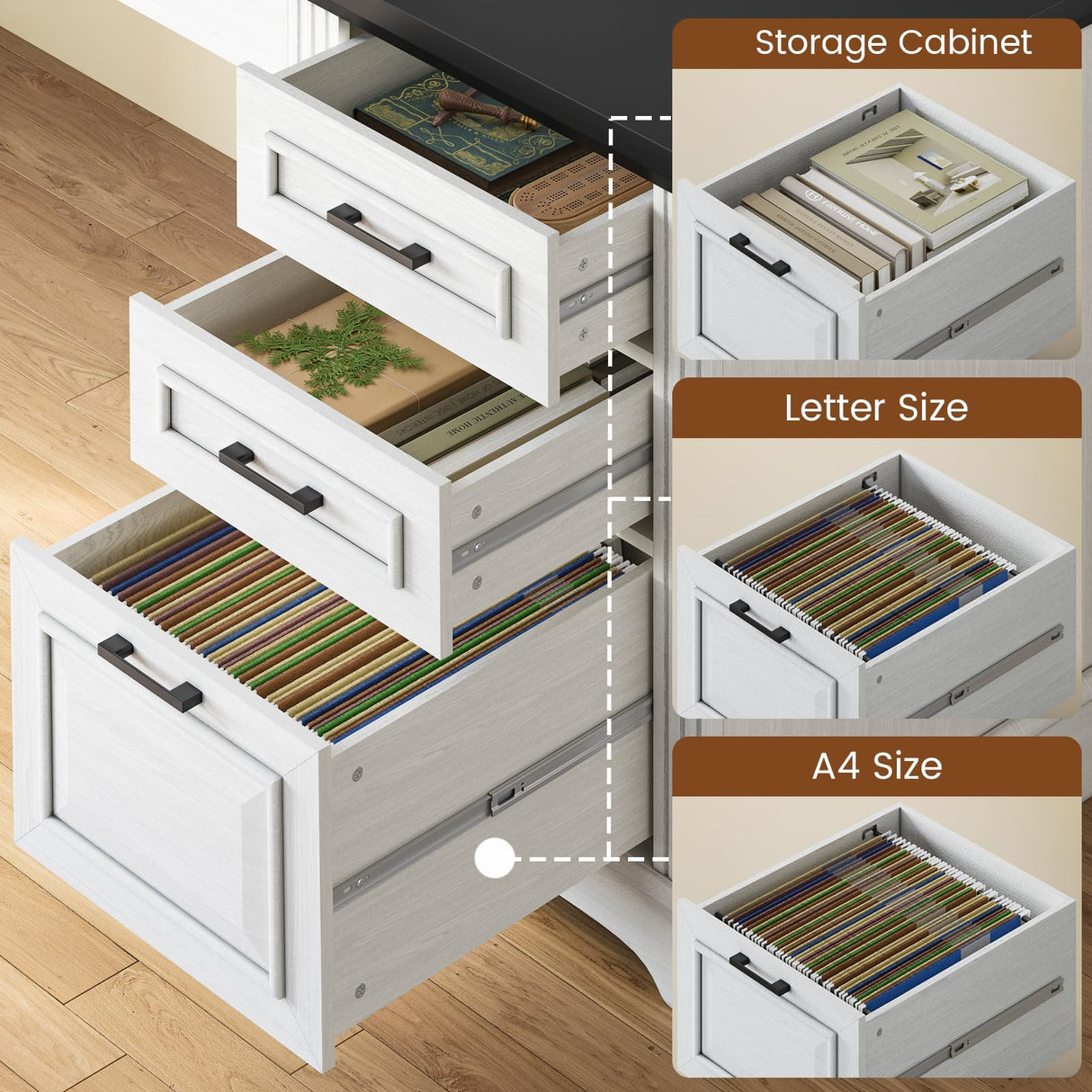 Itaar Farmhouse Executive L Shaped Desk, Home Office Desk with File Drawer and Power Outlet, Computer Corner Desk with Drawers and Storage Cabinet, Workstation for Office Home, White Itaar