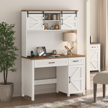 Befrases Farmhouse 47" Executive Desk, White Computer Desk with 2 Drawers and Storage Cabinet, Home Office Desk with Hutch, Charging Hub, Workspace for Work and Study. - WoodArtSupply