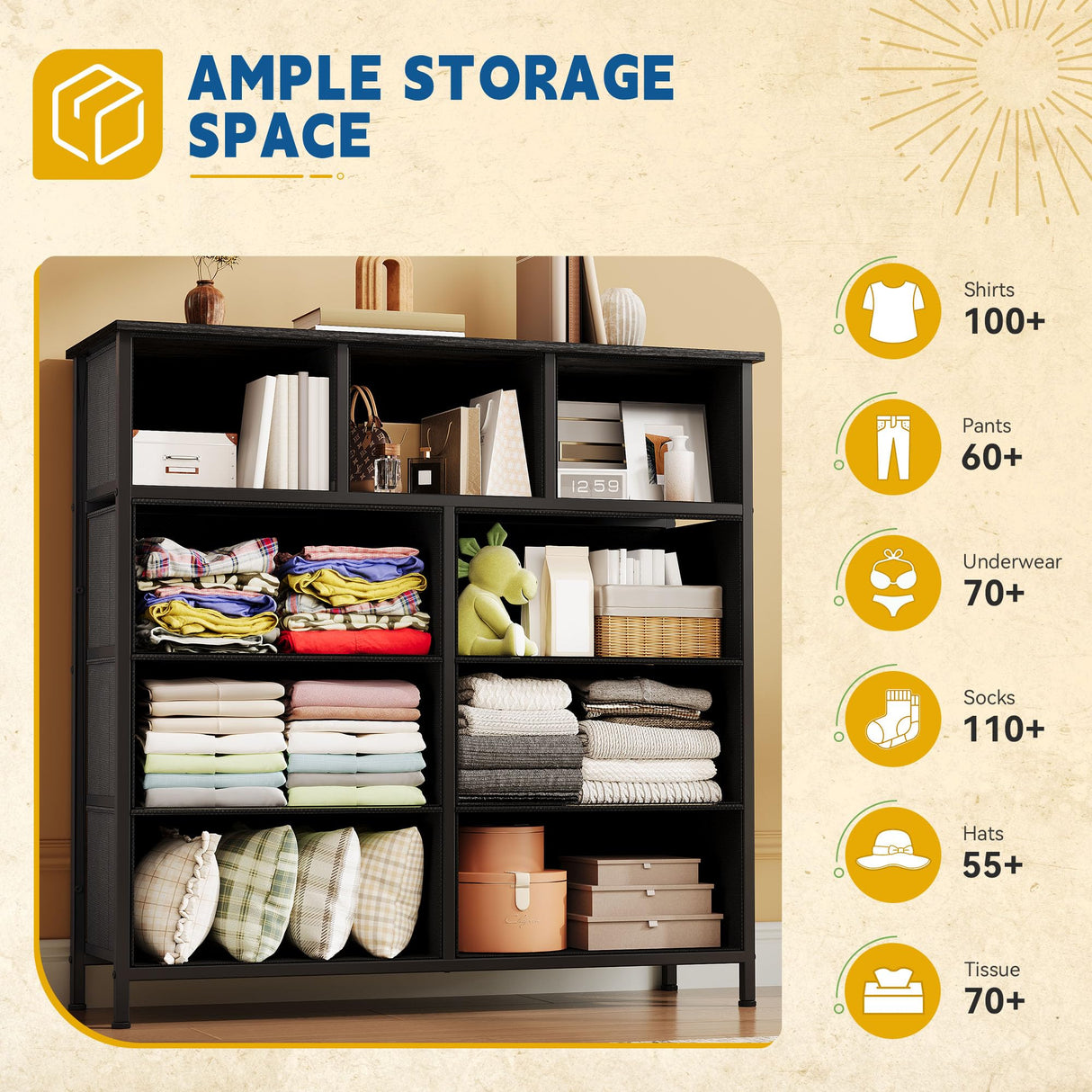 DWVO Dresser with 9 Drawers - Fabric Storage Tower, Organizer Unit for Living Room, Hallway - Sturdy Steel Frame, Wooden Top & Easy Pull Fabric Bins DWVO