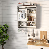 Bathroom Storage Cabinet with Mirror, Wood Farmhouse Medicine Cabinet with Adjustable Shelf, Hanging Bar S-Hooks Hair Dryer Holder, Wall Mounted Cabinet for Laundry Room Kitchen Living Room, White Cakhdry