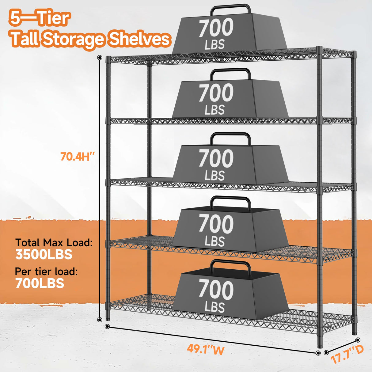 M MZG 5 Tiers Storage Shelves Load 3300LBS, Metal Shelving Wire Metal Shelving Unit Shelves for Storage Adjustable Garage Shelving for Pantry Kitchen Garage Black 17.7" D x 59.1" W x 70.4" H M MZG