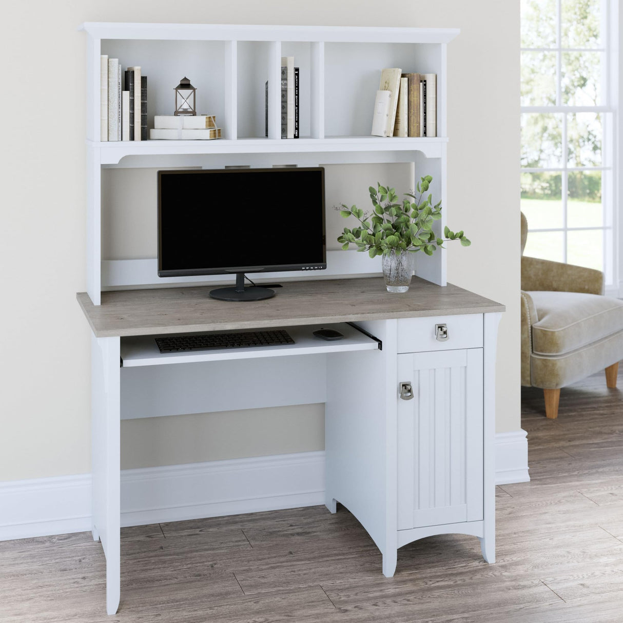 Bush Furniture Salinas Computer Desk with Hutch | Study Table with Drawers, Cabinets & Pullout Keyboard/Laptop Tray | Modern Home Office Desk in Pure White and Shiplap Gray | Work Desk with Storage Bush Business Furniture