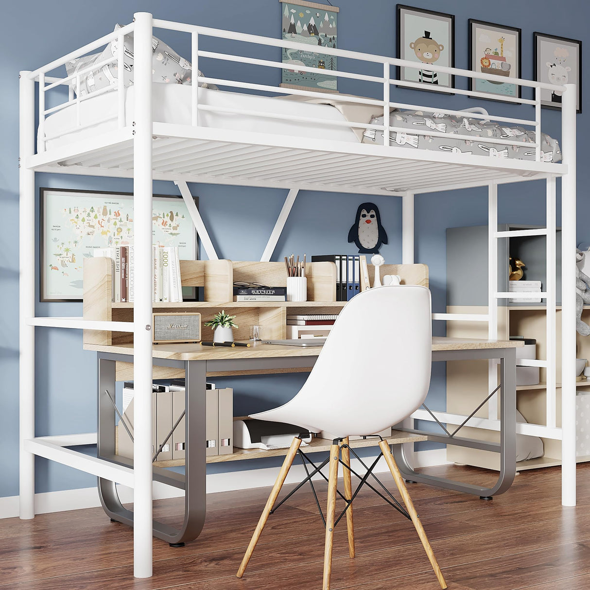 VECELO Twin Size Loft Bed with Stairs, Removable Ladder & High Guardrail, Heavy-Duty Metal Frame, Space-Saving Design & Noise-Free, White VECELO