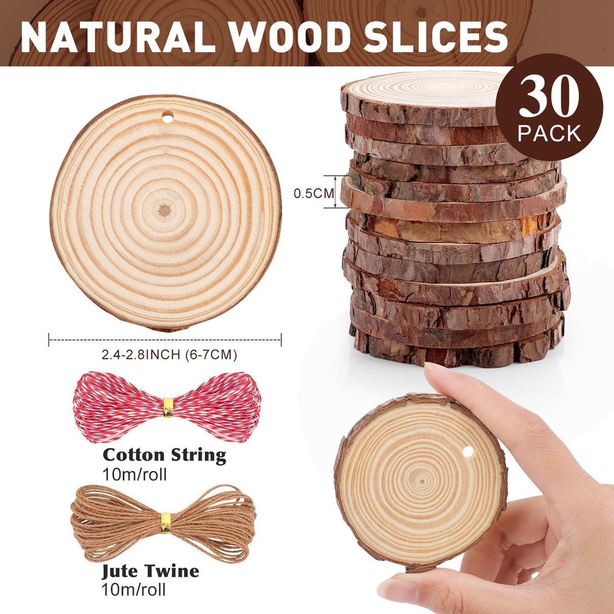30 Pack Wood Slices for Crafts,2.4-2.8In Unfinished Natural Wood Rounds with Tree Bark.Wood Circles Predrilled with Hole and 20m Rope for Centerpiece Table Decorations,Christmas Ornaments,DIY Gifts VKIZA