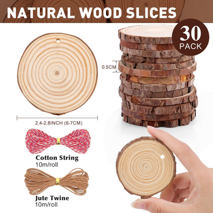 30 Pack Wood Slices for Crafts,2.4-2.8In Unfinished Natural Wood Rounds with Tree Bark.Wood Circles Predrilled with Hole and 20m Rope for Centerpiece Table Decorations,Christmas Ornaments,DIY Gifts